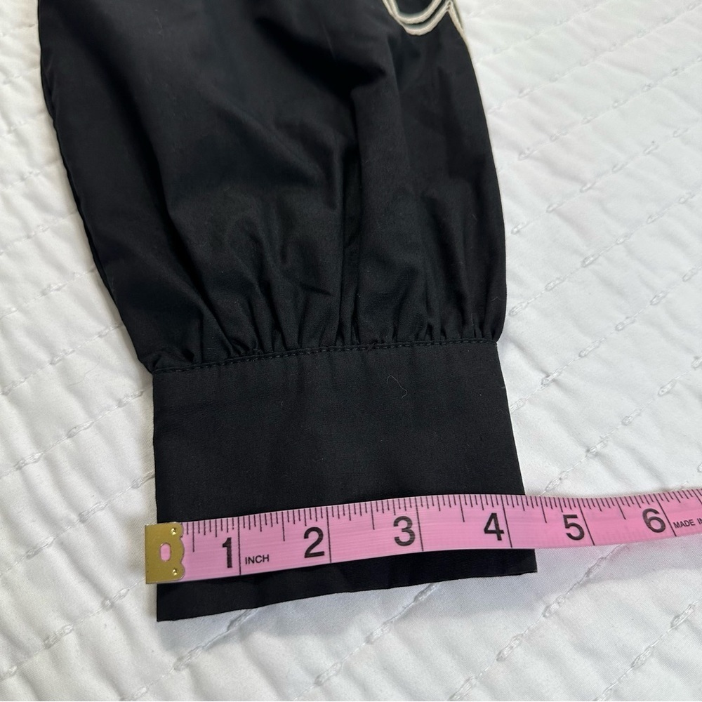 Elegant Button Down Black and Cream Embroidered Long Puff Sleeve Mini Dress - Picture 11 of 16